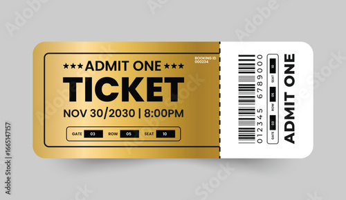 Golden admit one ticket design with barcode and event details for special events