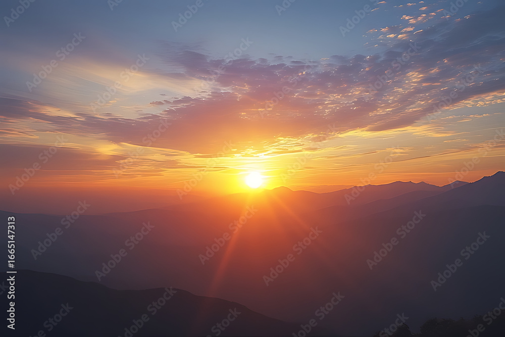 Fototapeta premium Vibrant sunset over layered mountain ranges with dramatic sky
