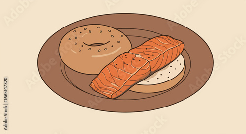 Salmon lox and bagel being prepared on plate. Meal for brunch ads