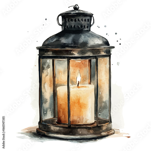 Candle In Lantern, watercolor drawing vector, isolated on a white background.
