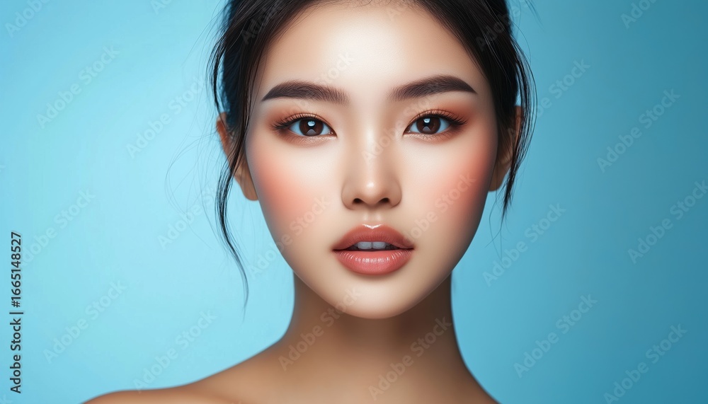 Fototapeta premium Stunning Asian Woman With Flawless Skin And Sparkling Eyes On Blue Background. Natural Makeup And Facial Treatment For Beauty And Cosmetology.