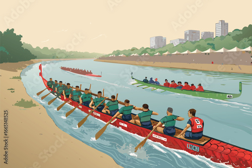 Dragon boat race powerful paddling in perfect sync.