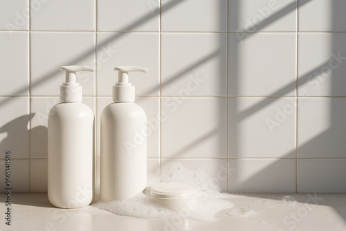 Two blank dispenser bottles and soap foam on a white tiled bathroom counter with strong window shadows. Minimal, clean scene with wide copy space. No logos.