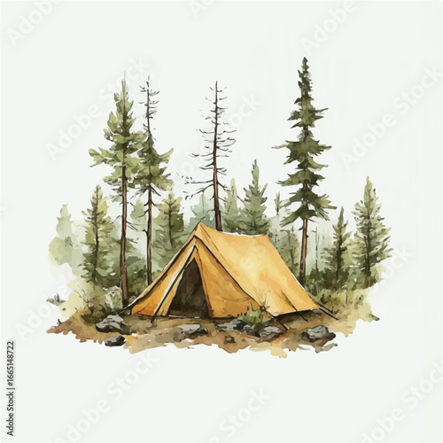 Camping Tent Summer Forest, watercolor clipart vector, isolated on a white background.