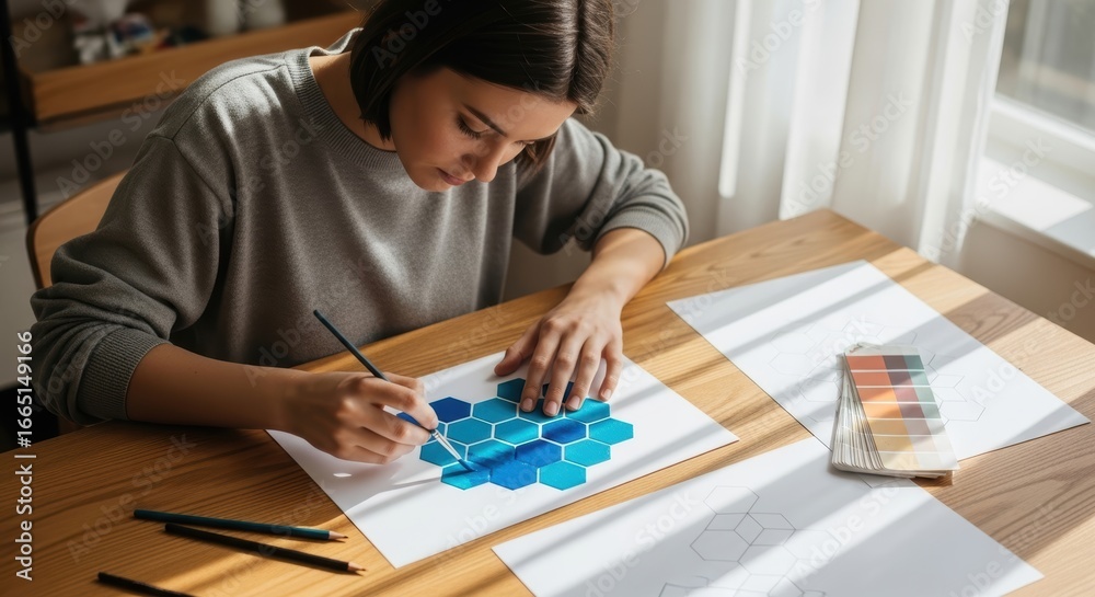 Fototapeta premium Young caucasian woman painting hexagonal patterns in bright workspace