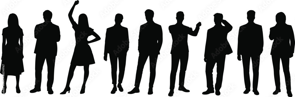 Professional business people silhouettes in formal attire standing in a row, diverse poses and gestures, teamwork, corporate group illustration Professional business people silhouettes in formal attire standing in a row, diverse poses and gestures, teamwork, corporate group illustration
