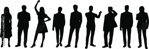 Professional business people silhouettes in formal attire standing in a row, diverse poses and gestures, teamwork, corporate group illustration