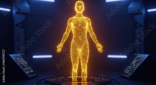 Glowing human body model, futuristic technology, digital anatomy, energy field.