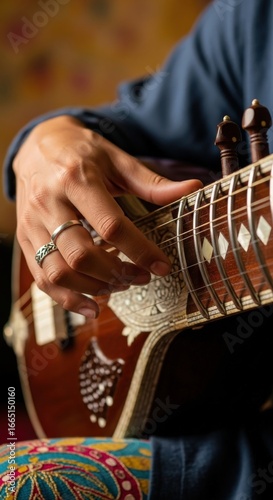 Closeup of a musicians hands playing a traditional indian sitar, highlighting the intricate details and cultural artistry