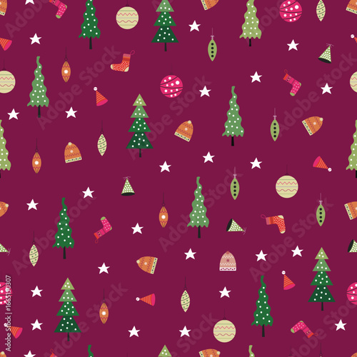 Christmas tree and ornaments vector seamless pattern. Holly jolly Xmas surface design of pine trees, santa hats, baubles, socks and polka dots on purple background