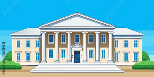 An old white residential pavilion is situated in the park of the Palace of Justice in St Petersburg, with the blue sky overhead