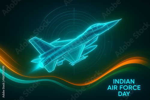 Indian air force day glowing digital illustration with neon fighter jet, radar circles and futuristic tricolor waves in dark background