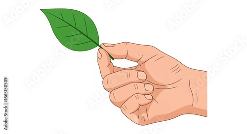 A human hand gently holds a vibrant, simple green flat leaf, symbolizing nature, growth, and environmental care with a clean design.