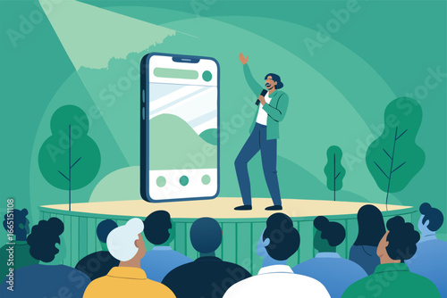 Entrepreneur demos a mobile app live on stage.