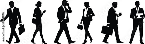 Professional business people silhouettes in formal attire with diverse poses and activities representing corporate lifestyle, teamwork, communication, and office environment