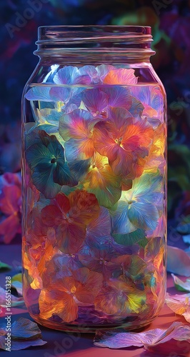 Vibrant, multicolored hydrangea blossoms submerged in a clear glass jar, illuminated from within, casting a colorful glow on surrounding petals