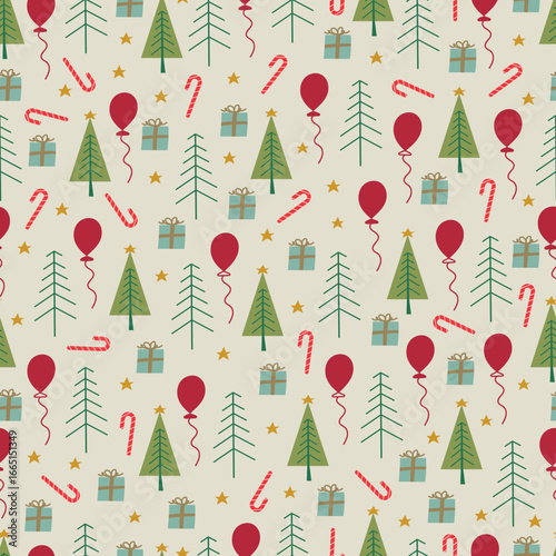 Christmas tree and ornaments vector seamless pattern. Holly jolly Xmas surface design of Pine trees, stars, presents, stars, candy canes and polka dots on white background