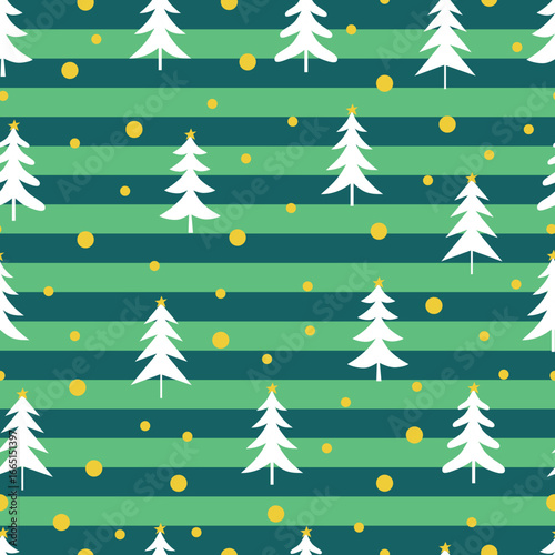 Christmas tree vector seamless pattern. Holly jolly Xmas surface design of pine trees, stars and polka dots on green horizontal striped background