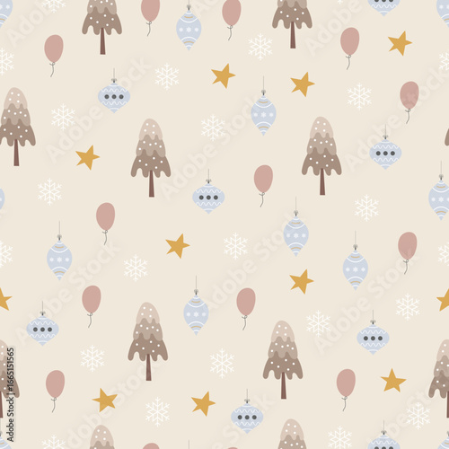 Christmas tree vector seamless pattern. Holly jolly Xmas surface design of pine trees, stars, balloons, baubles and snowflakes on white background