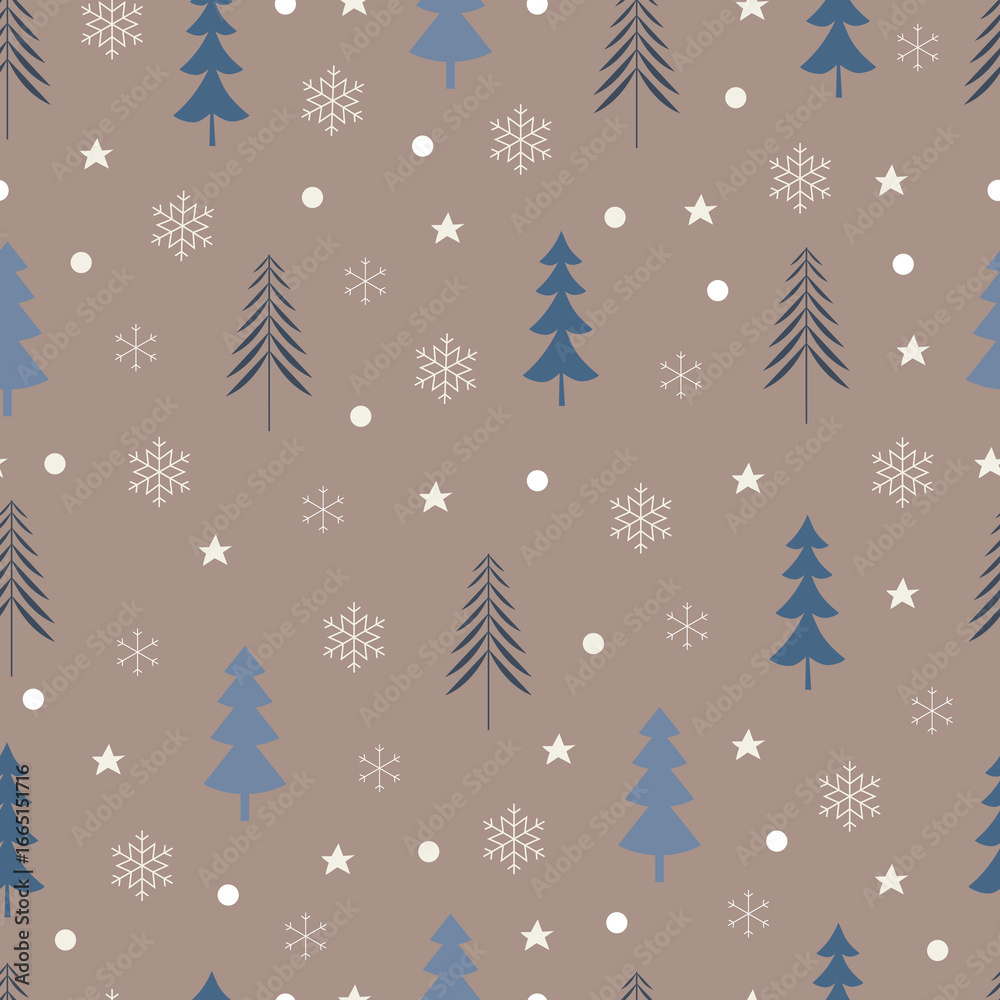 Christmas tree vector seamless pattern. Holly jolly Xmas surface design of pine trees, stars, snowflakes and polka dots on beige background Christmas tree vector seamless pattern. Holly jolly Xmas surface design of pine trees, stars, snowflakes and polka dots on beige background