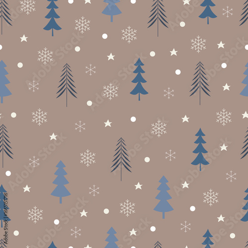 Christmas tree vector seamless pattern. Holly jolly Xmas surface design of pine trees, stars, snowflakes and polka dots on beige background