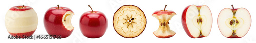 Fotografija Red apple set including whole, partially peeled, bitten, halved, dried slice, and eaten core stages isolated