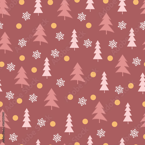 Monochromatic Christmas tree vector seamless pattern. Holly jolly Xmas surface design of pine trees, snowflakes and polka dots on pink background