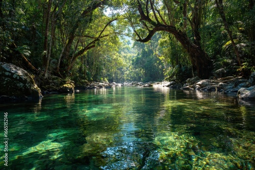 Tranquil rainforest river, sunlight dappling, lush greenery, calm waters, nature escape