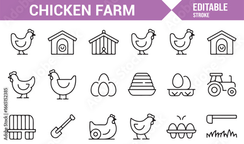 Editable farm animal and poultry farming icons for agriculture use