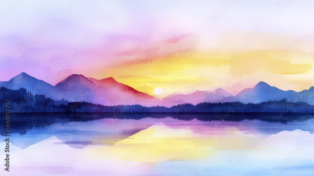 Fototapeta premium Serene landscape featuring mountains and tranquil lake sunset, showcasing vibrant colors of purple, pink, and yellow