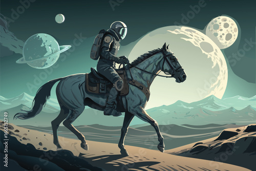 Explorer on a mechanical horse in a surreal world.