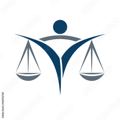 Stylized human figure holding scales of justice in blue and grey legal balance