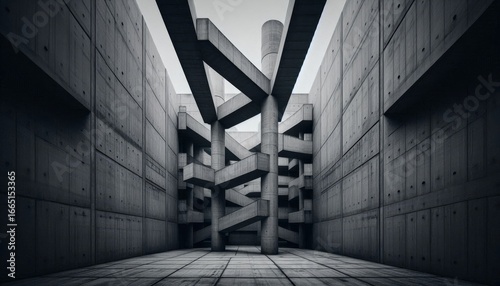 Complex concrete stairs structure connecting many levels in a brutalist style building