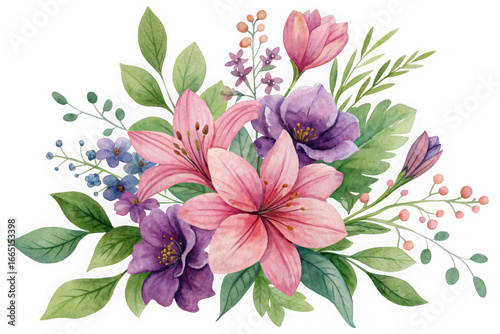 Beautiful watercolor floral arrangement with pink and purple flowers isolated on transparent background