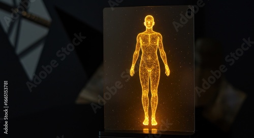 Holographic representation of a human body, glowing orange, displayed on a transparent screen against a dark, futuristic background.