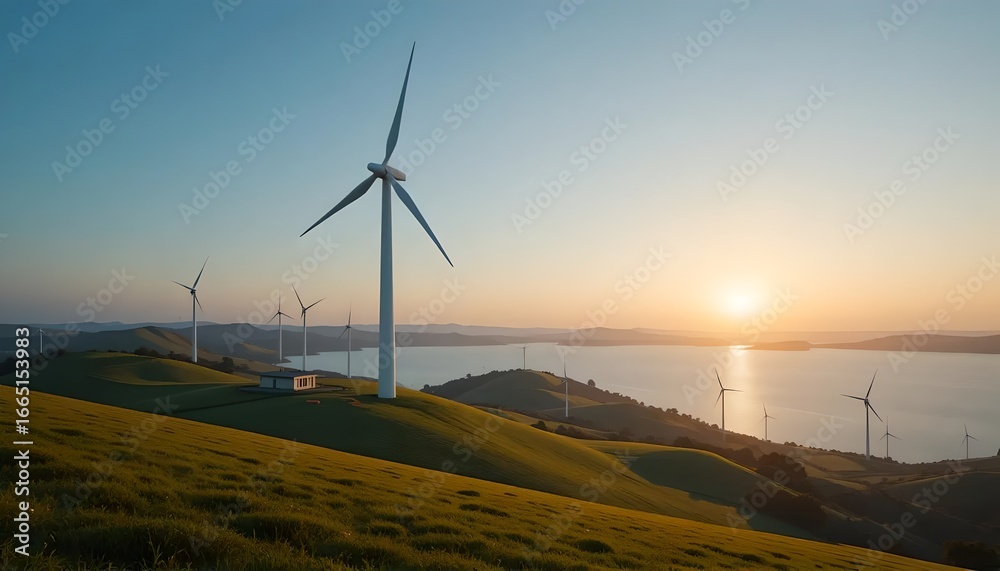 Obraz premium Wind Turbines on a Hilly Coastline at Sunset