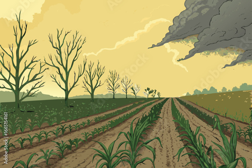 Parched farmland marred by chemical spraying.