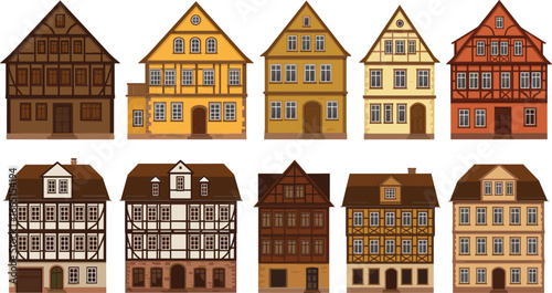 Traditional German timber frame houses, vintage European village architecture, rustic old buildings, historical street facades, charming countryside homes, medieval town style