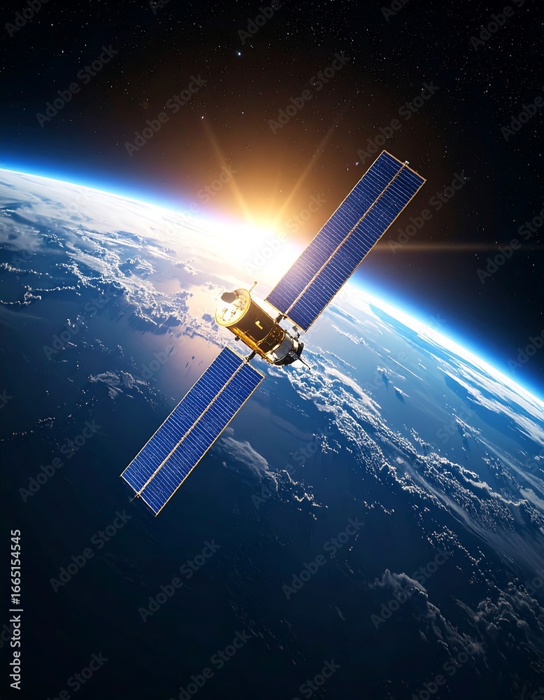 Obraz premium Satellite orbiting Earth sunrise