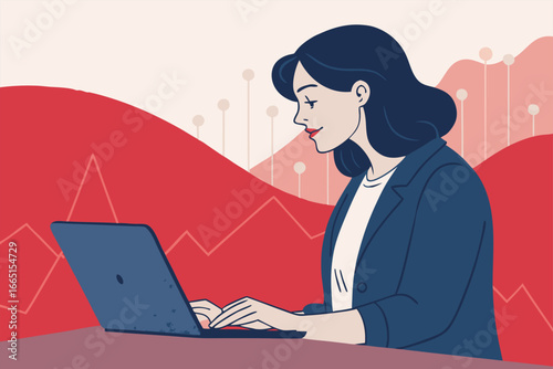 Woman reviews cryptocurrency trading on laptop.