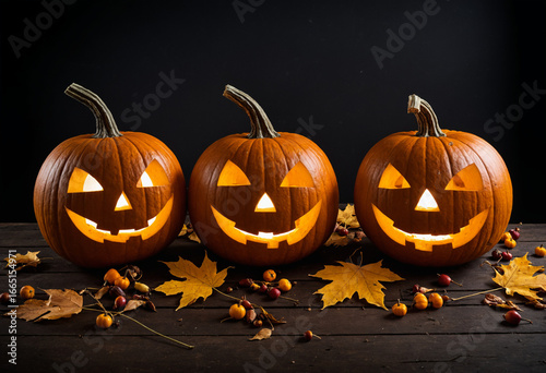 Photo three Carved Halloween Pumpkins with Falling Autumn Leaves