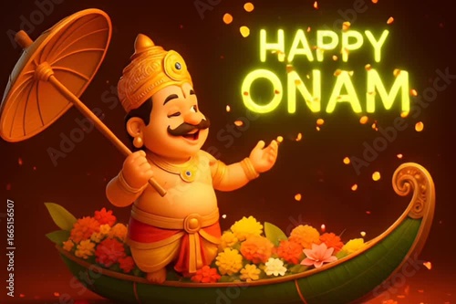 Colorful Onam Celebration with Mahabali and Flower Boat,Joyful Onam Festival Boat with King Mahabali in 3D Animation,generative ai