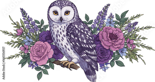 Watercolor owl illustration, floral owl art, owl and flowers, purple owl drawing, bird with roses, botanical owl artwork