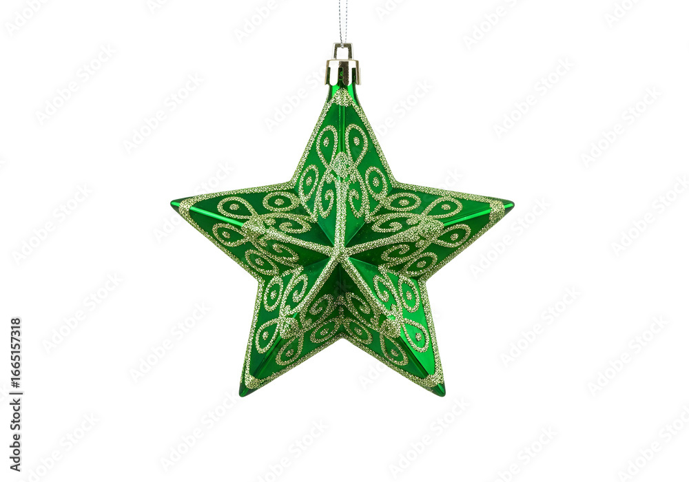 Obraz premium A vibrant green star-shaped ornament, detailed with shimmering gold patterns, hangs against a stark black background.