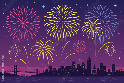 Fireworks illuminate a city skyline at a festival.