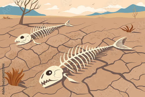 Fish skeletons in a parched, cracked riverbed.