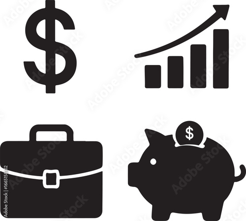 Money Matters, Dollar Sign, Growth Chart, Briefcase, Piggy Bank.