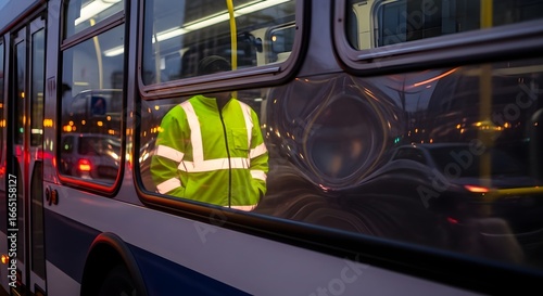 Person in reflective safety vest visible through a bus window at night with city lights reflecting.