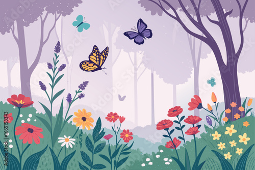 Sunny forest clearing bursting with wildflowers and butterflies.