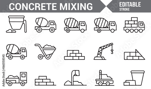 Set of construction equipment icons for concrete mixing and transport
